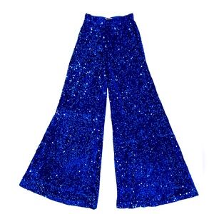 Royal Blue Sequined Flared Pants, Wide Leg High Waist Bell Bottoms sz Small